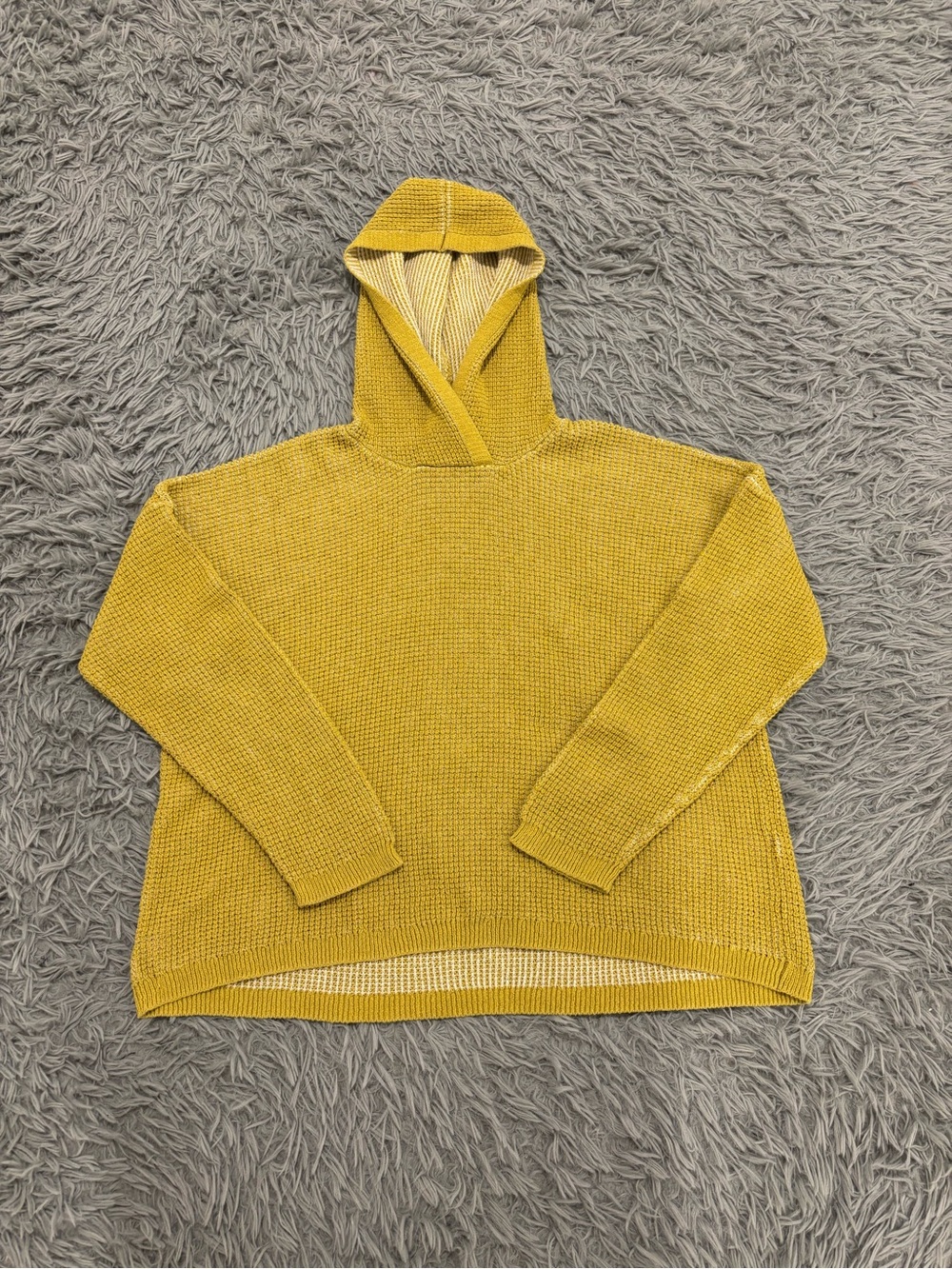 Eileen Fisher Chartreuse Organic Cotton Silk Waffle Knit Hooded Sweater Medium - Picture 2 of 8